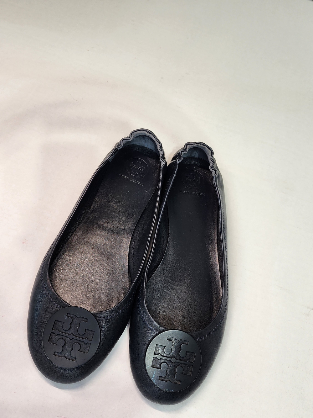 Tory Burch Black Leather Logo Ballet Flats